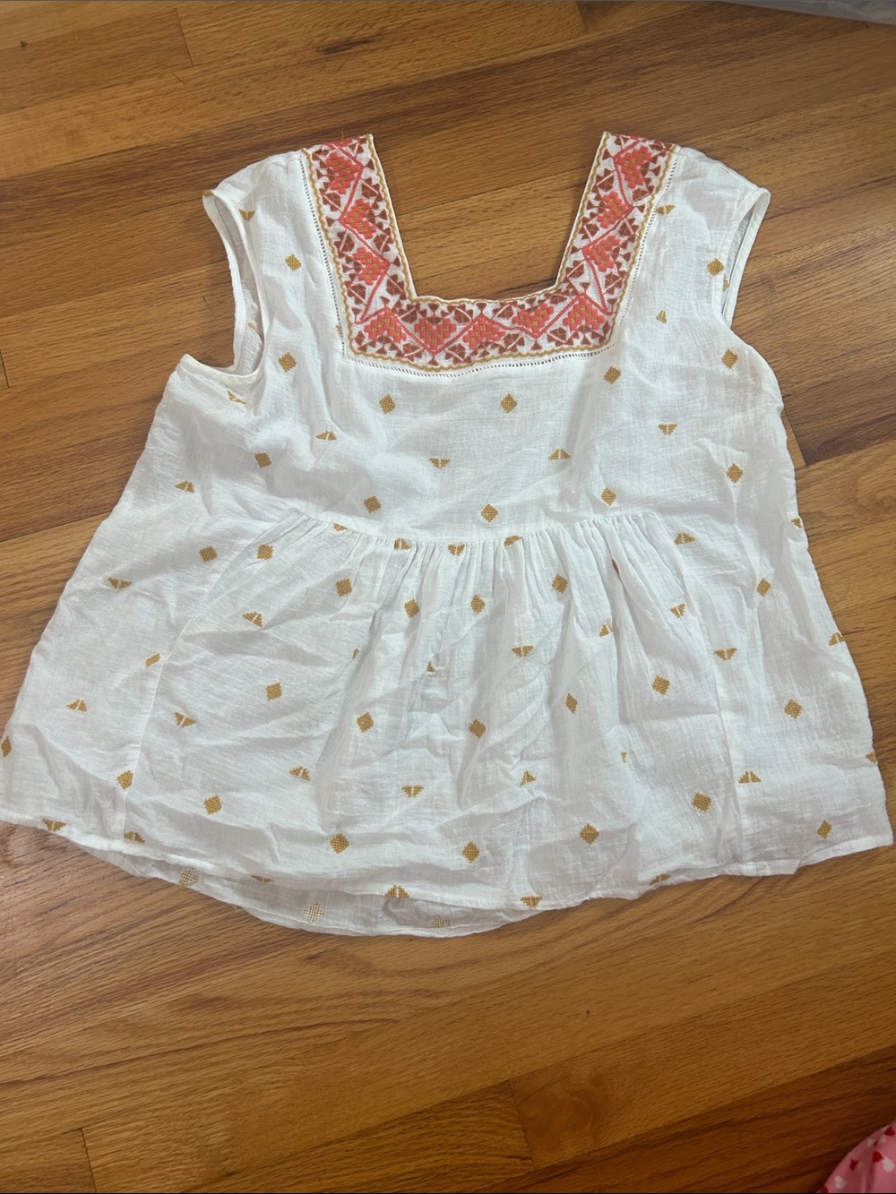 Lucky Brand White Sleeveless Tunic with Coral Embroidered Neckline